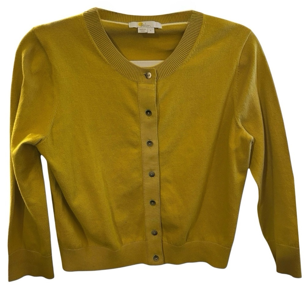 Boden Cropped Mustard Yellow Cotton Blend Button Down Sweater Size S